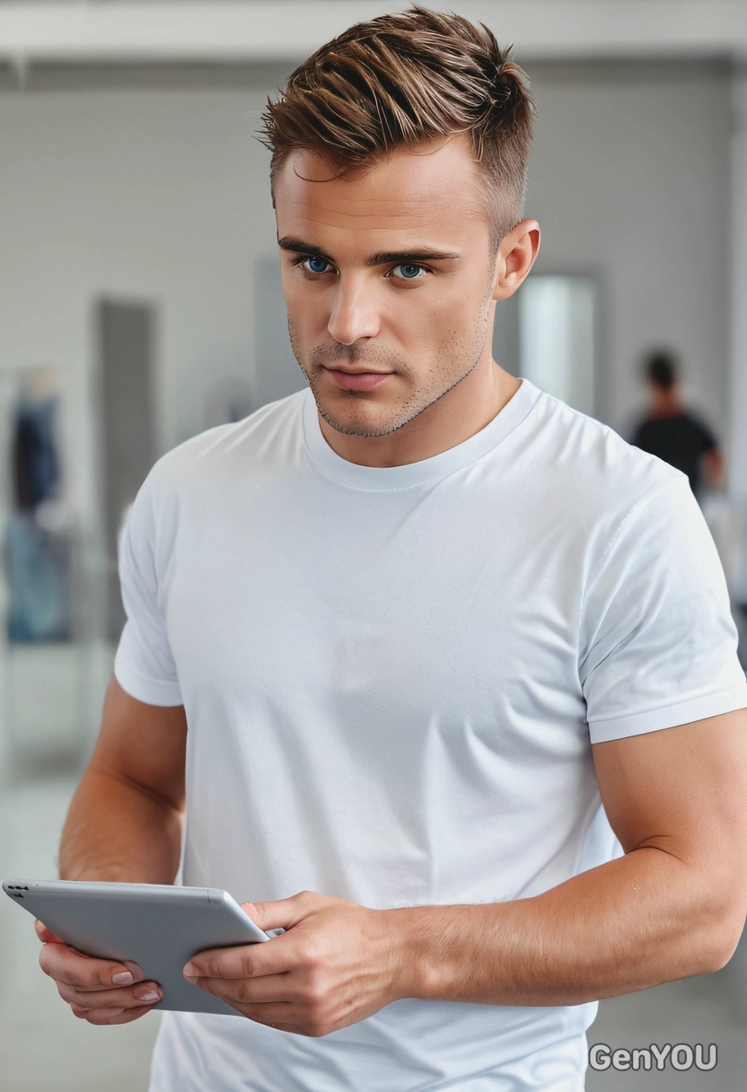 as a professional using a tablet, demonstrating modern business tools, white t-shirt, sneakers, blurred background