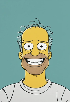 Hand-drawn flat cartoon style, smiling, yellow Homer Simpson, white t-shirt, minimal cartoon outlines, close-up portrait, turquoise wall in the background