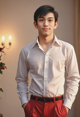 Full-body cinematic portrait of me, clean-shaven, lean athletic, soft-masc energy, playful Valentine’s mood, relaxed stance with subtle hip shift, teasing smirk, holding a red rose, fitted trousers, open-collar shirt, warm golden light, romantic bokeh, realistic anatomy, high-detail skin, shallow depth of field.