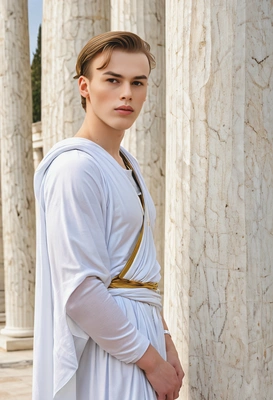 as an Ancient Greek philosopher, wearing a flowing white tunic with golden accents, standing beside marble columns 