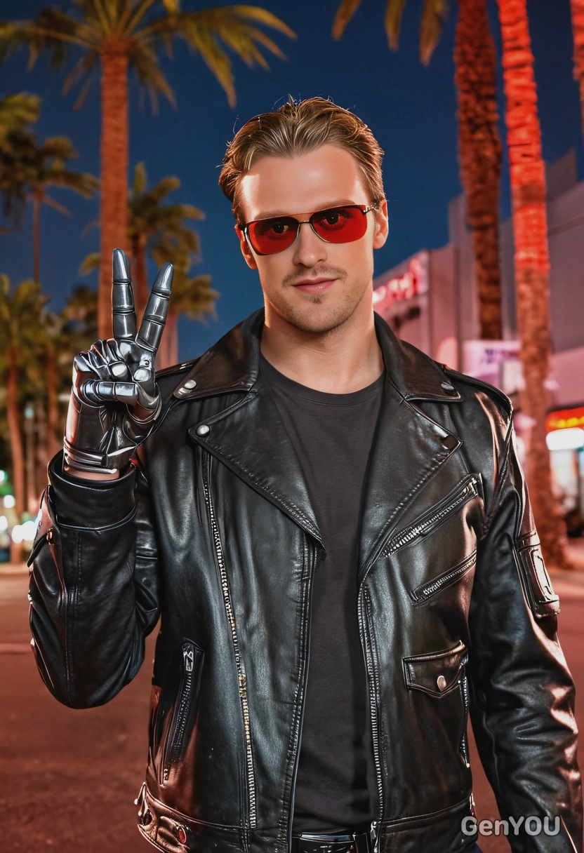 as a cosplayer of the Terminator, in an old leather jacket, muscular, holding thumbs up with metal hand, wearing red sunshades, red eyes focused on camera, blurry Los Angeles, palms, neon colors, night, high-quality cinematographic style