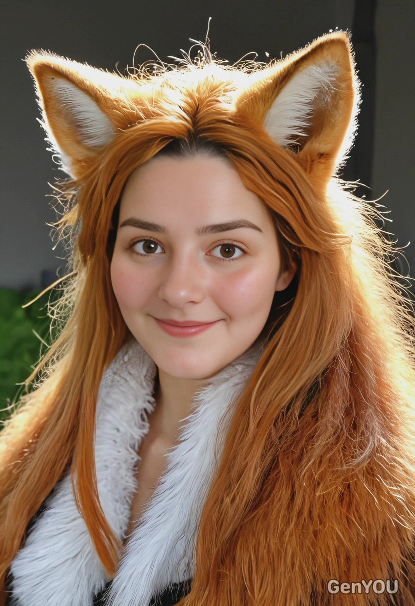 with animalistic fox features, adorned with fur, whiskers, fox ears and tail