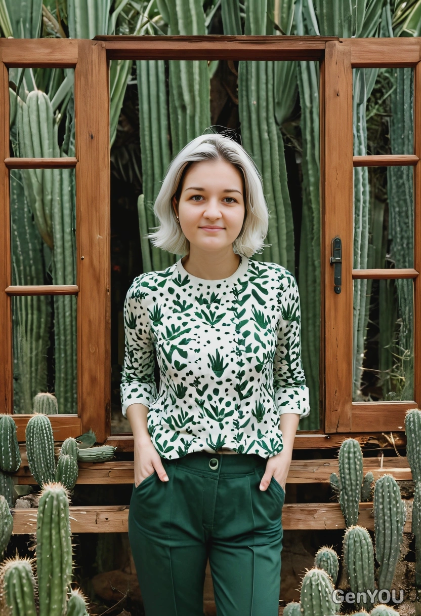 in dark-green cacti outfit, wooden window with a forest, weird pose, blurred background, symmetrical details, hands in pockets, photoshoot for fashion magazine
