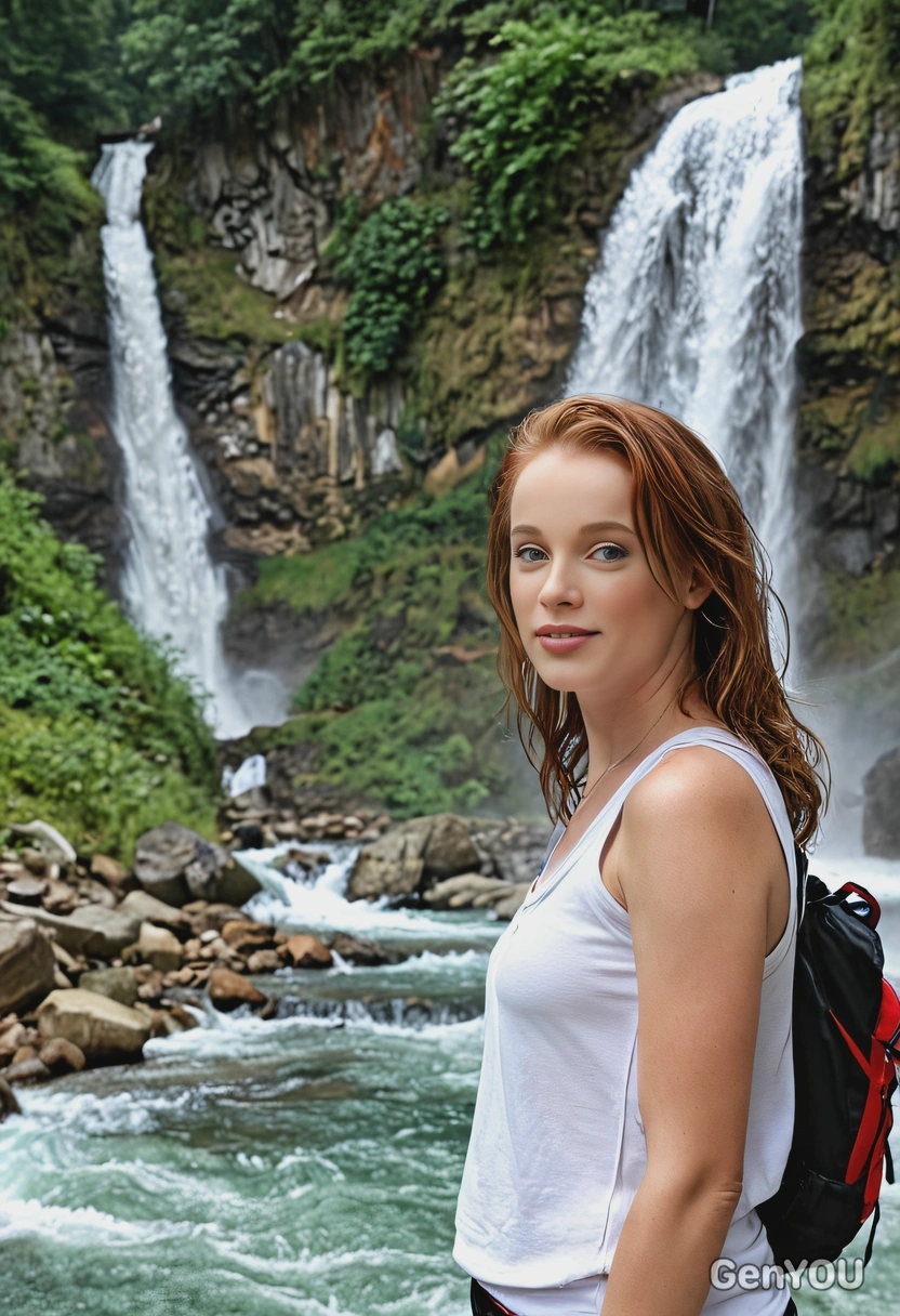 A traveler standing near waterfalls in a mountainous region