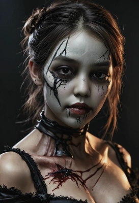 crooked revenant, a corporeal vengeful undead at a Halloween party, dynamic pose, dark blurred background, high-quality professional shot, eyes on you