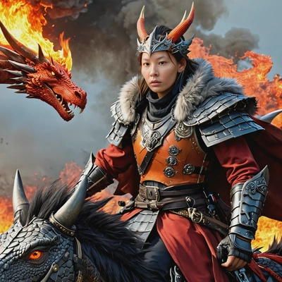 as a warlord, armor, fur coat, riding on a dragon, fire burning on background, vivid colors, symmetrical clothing details, video game style, high-quality stylized art