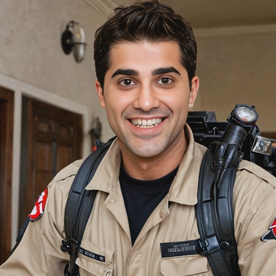 as a ghostbuster, smiling, in a haunted house 