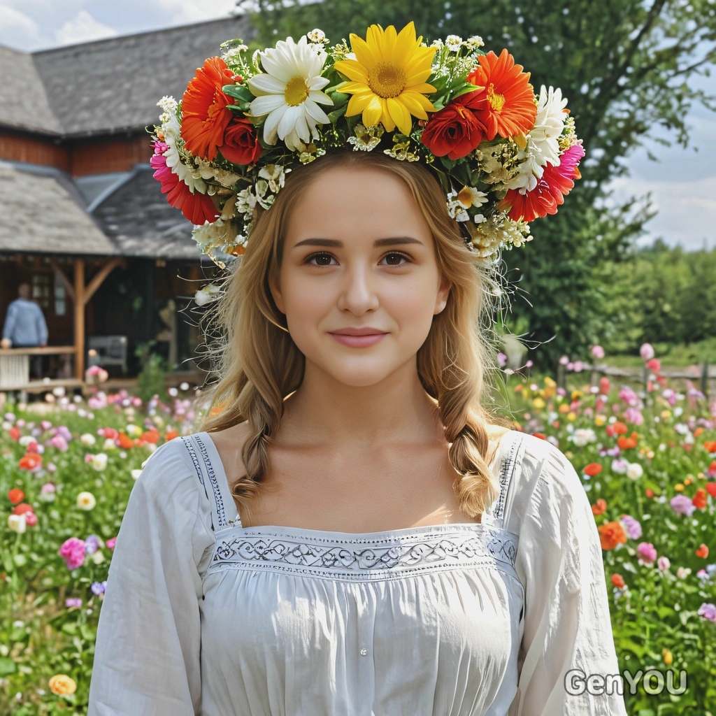 as Dani Ardor from Midsommar, in traditional clothes, an oversized flower-crown 