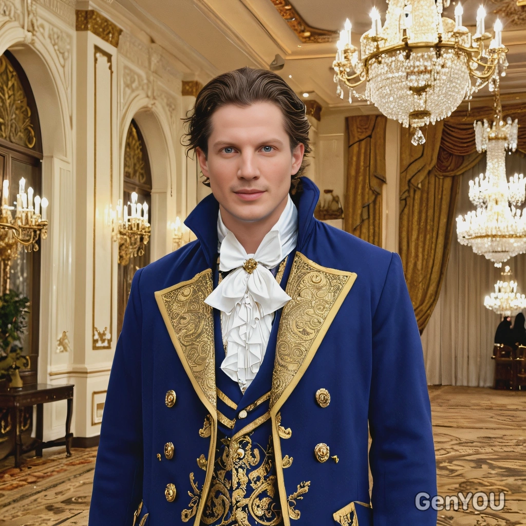 As the Beast from Beauty and the Beast, dressed in a royal blue coat with golden accents, standing in a grand ballroom illuminated by a chandelier