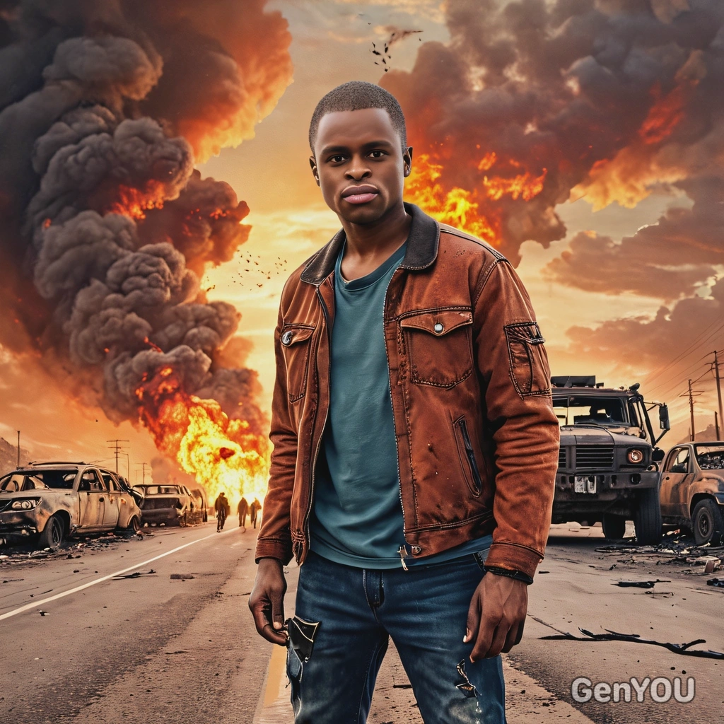 as a survivor of apocalypse, in dirty tattered casual clothes,  mutant wolves, standing on a cracked highway stretching into a burning sunset, surrounded by deserted rusty vehicles, close-up selfie, vivid colors, high-quality cinematographic style