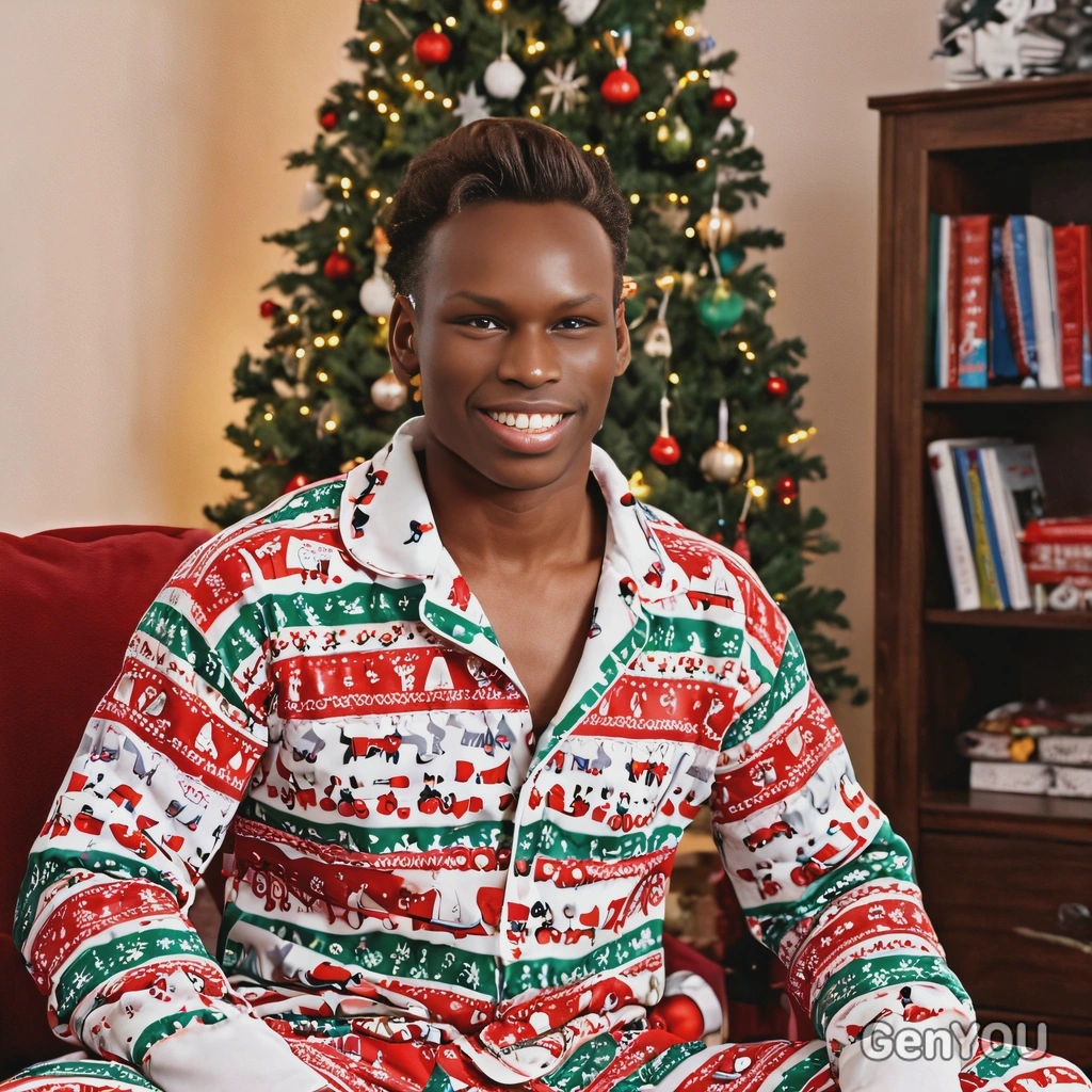 in festive pajamas, having a holiday-themed game night with Christmas decorations, half body