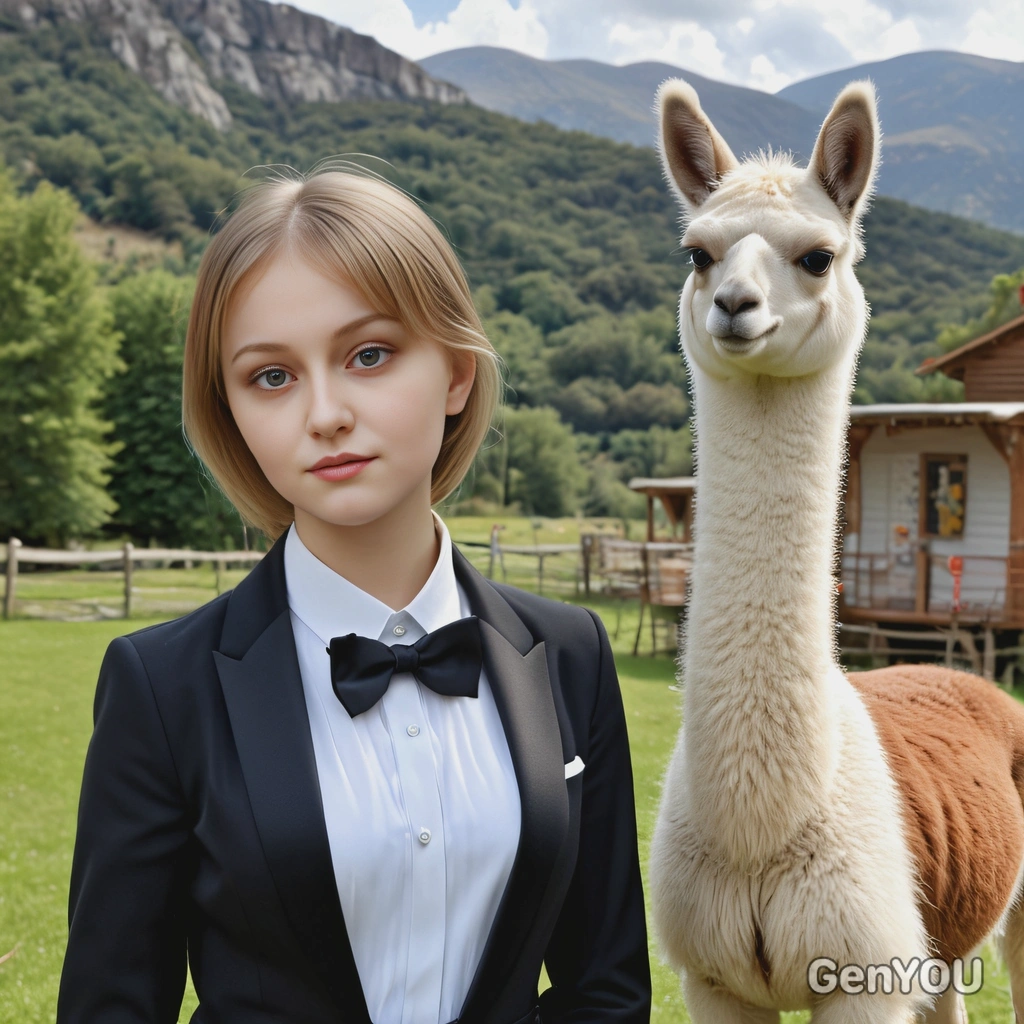 standing next to a llama dressed in a tuxedo, staring into the distance