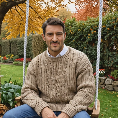 Wearing an oversized sweater, sitting on a wooden swing in an autumn garden