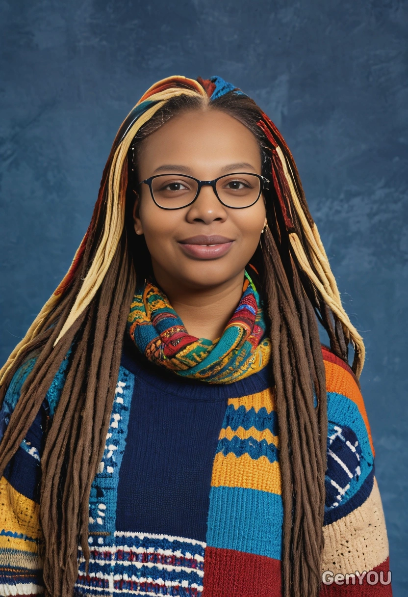 student in a colourful patchwork sweater and oversized glasses, with long brown dreadlocks, in a mid-length portrait against a classic blue yearbook background