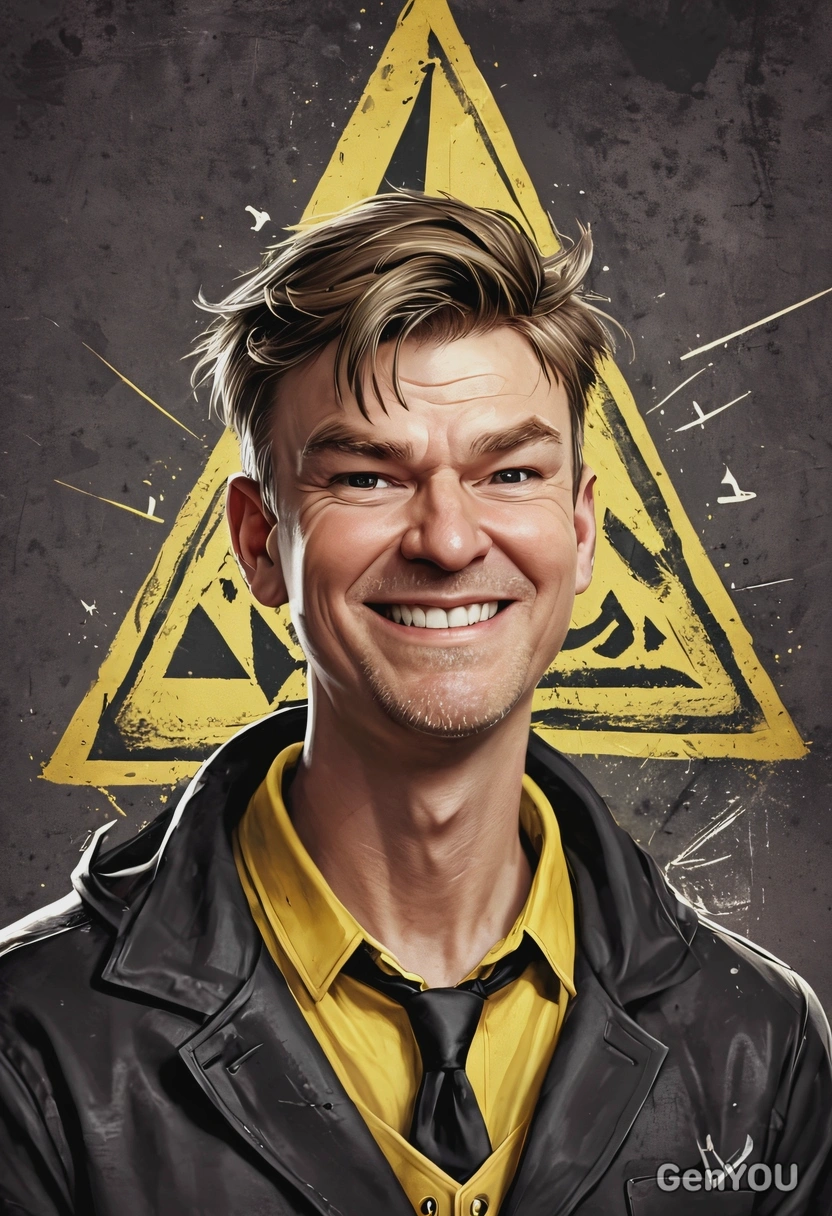 as human Bill Cipher, smiling crazily, winking, triangle signs around, high-quality stylized art, visible brushstrokes