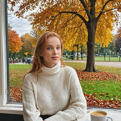 sitting at a café window with a view of the autumn park