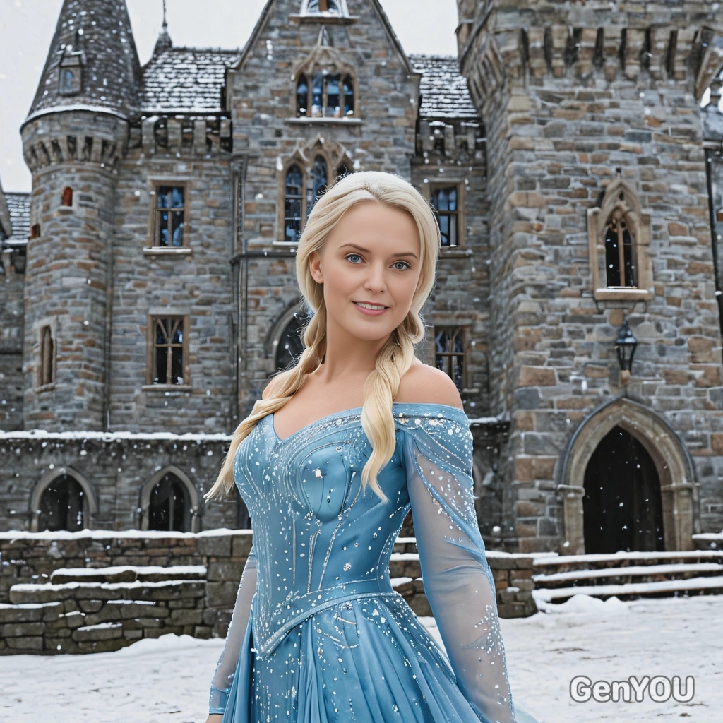 As Elsa from Frozen, wearing a shimmering ice-blue gown, standing in front of a castle made of ice, with snowflakes gently falling around her