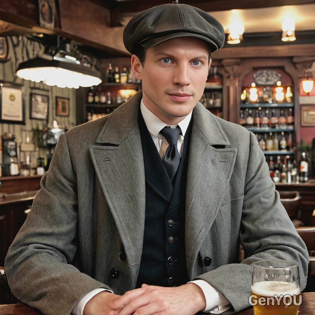as Thomas Shelby, a cunning gang leader in a vintage peaked cap and overcoat, strategizing in a smoky Birmingham pub, looking at camera 
