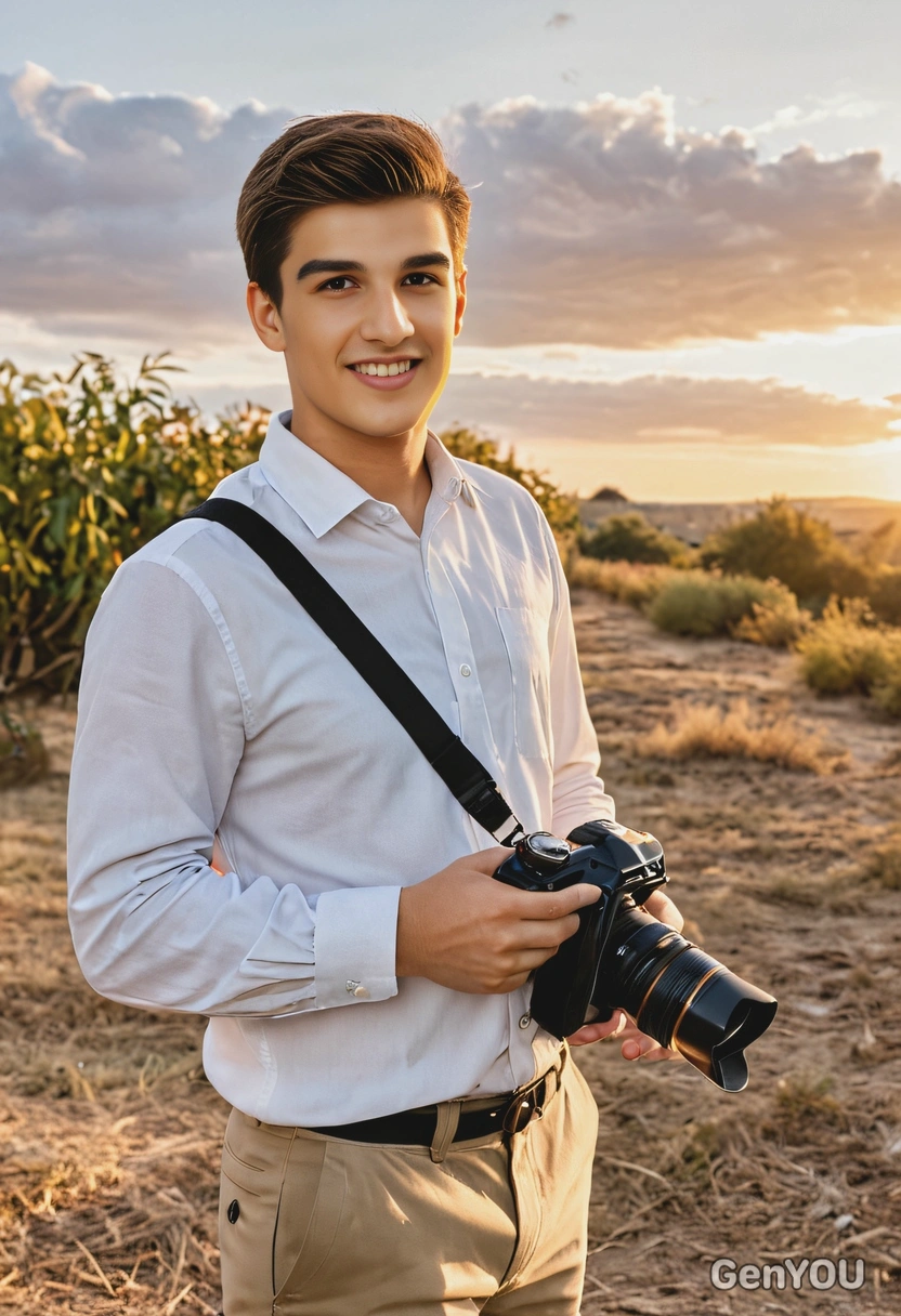 as a photographer in casual attire with a camera slung over the shoulder, standing in an outdoor setting, capturing the perfect shot during the golden hour