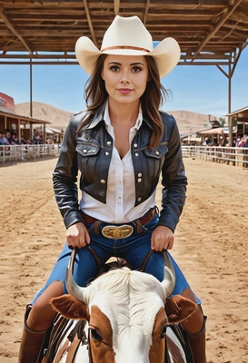 as a cowgirl, cowboy hat, riding a bull, small town stadium behind, looking directly into the camera, symmetrical clothing details, cartoon style, high-quality stylized art, cartoonish style, brush strokes visible