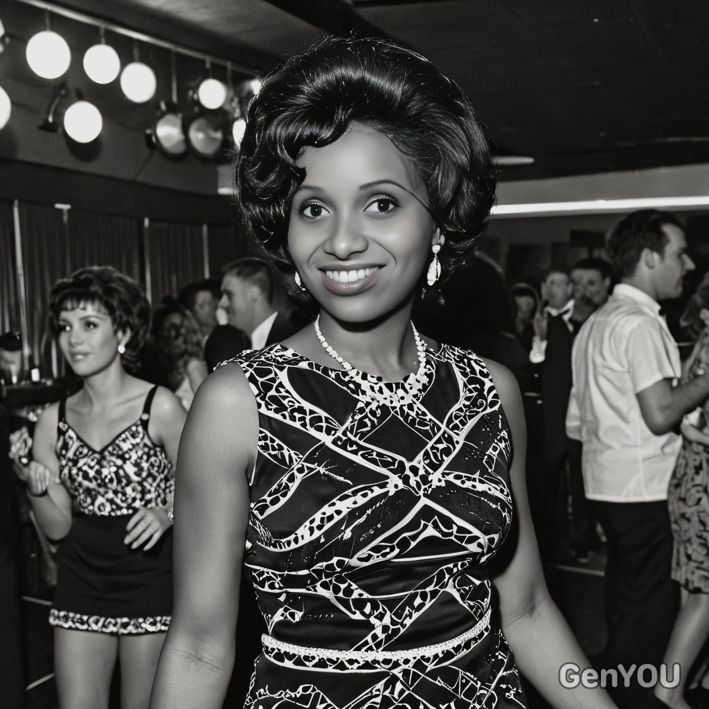  in a 1960s go-go dress, in a retro nightclub, captured in vibrant black and white