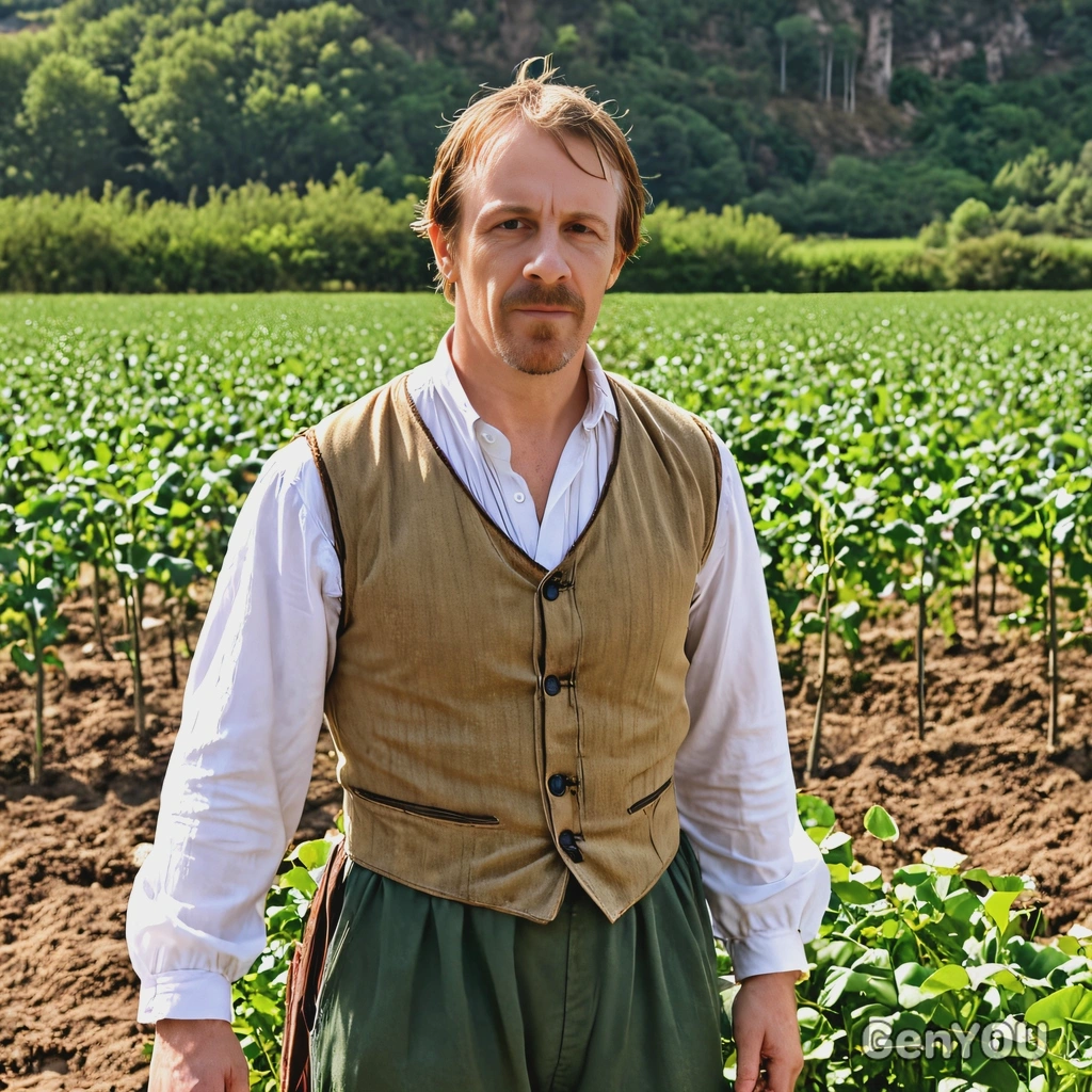 As Jack from Jack and the Beanstalk, wearing simple peasant clothing, standing at open field 