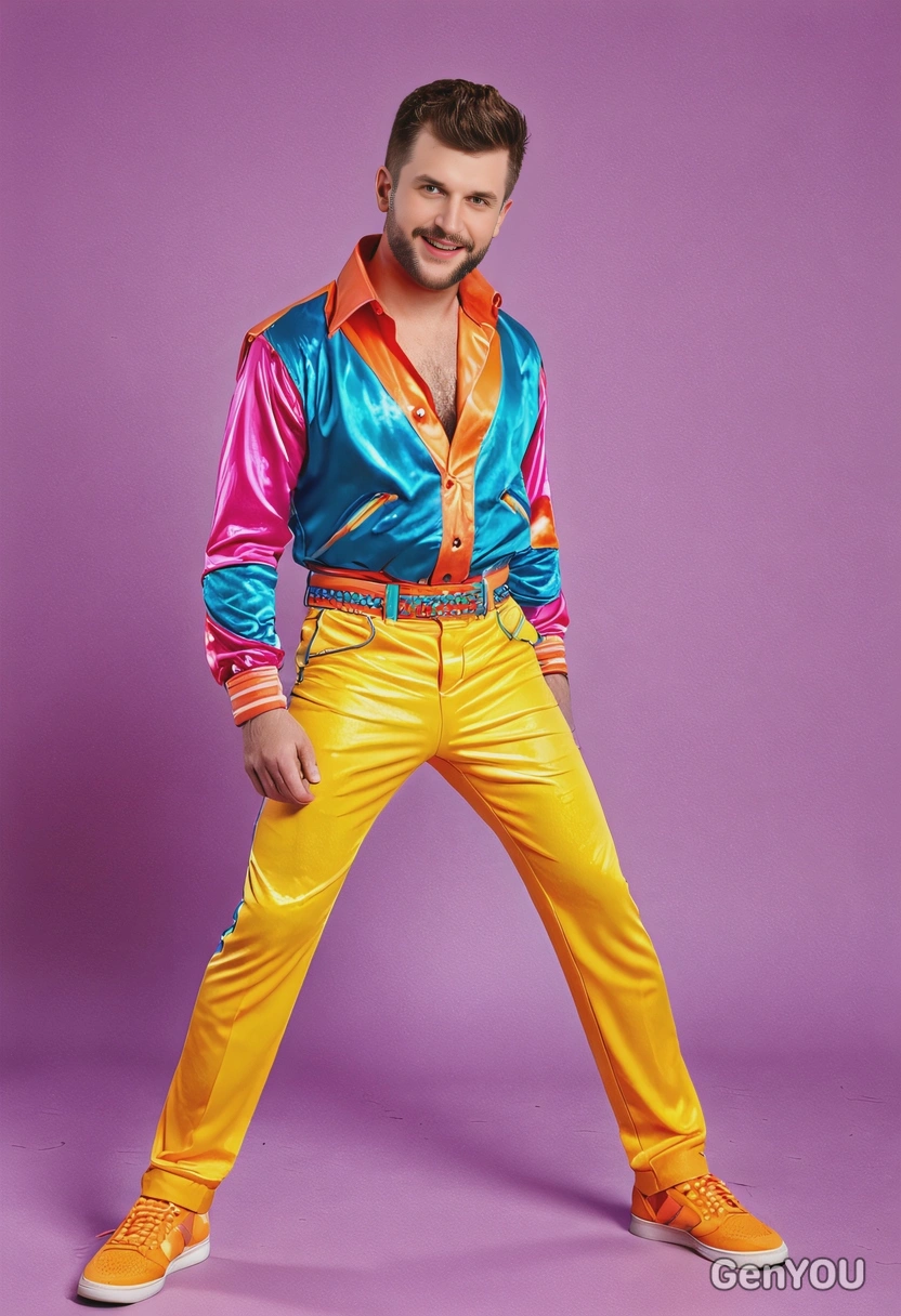 dressed  for 80s Dance Party, Bright neon colors, full body image, party hall background