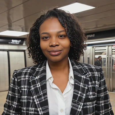 close-up, in a checkered blazer, wearing subtle makeup, at a newly opened subway station