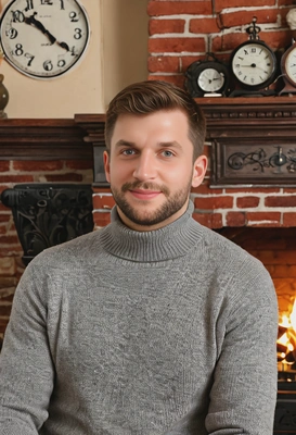 as a man in a turtleneck sweater, sitting by a fireplace, with an antique clock ticking in the background