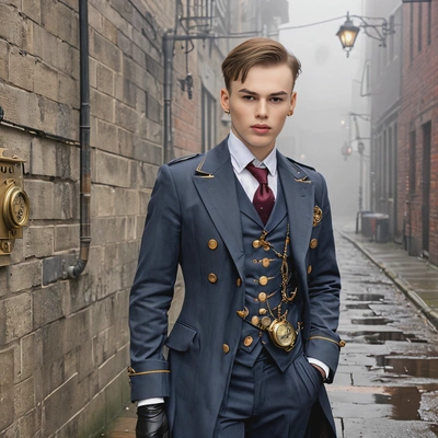 as a Steampunk detective, wearing a tailored suit with brass buttons, a pocket watch, standing in a foggy alley