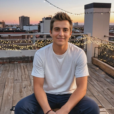 wearing a casual streetwear look, sitting on a rooftop terrace at sunset, surrounded by string lights above 