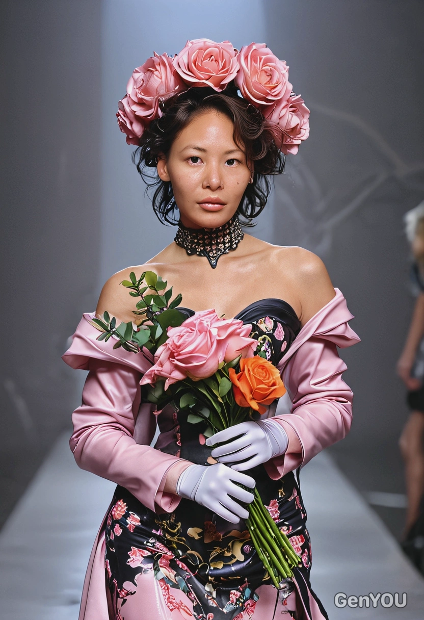 as a fashion model, catwalk, runway, fantasy rose-inspired costume, thick wavy hair, holding a bouquet, gloves, relaxed dynamic pose, blurred background, symmetrical details, extravagant