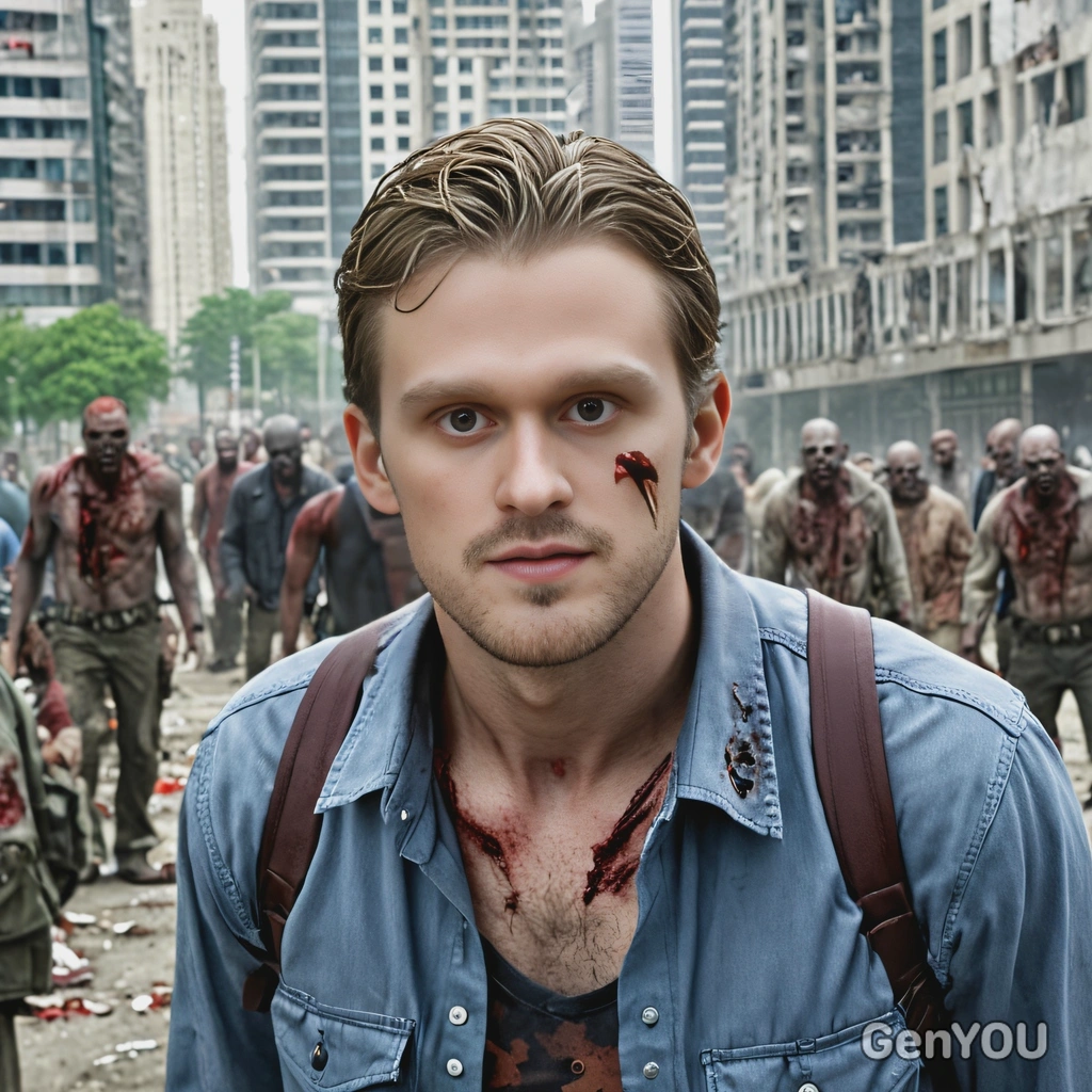 as a victim of zombies, zombie apocalypse, surrounded by zombies, blurred abandoned skyscrapers, high-quality cinematographic style