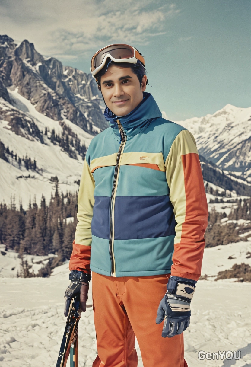 in 1970s retro ski wear, standing in the mountains, captured in faded color