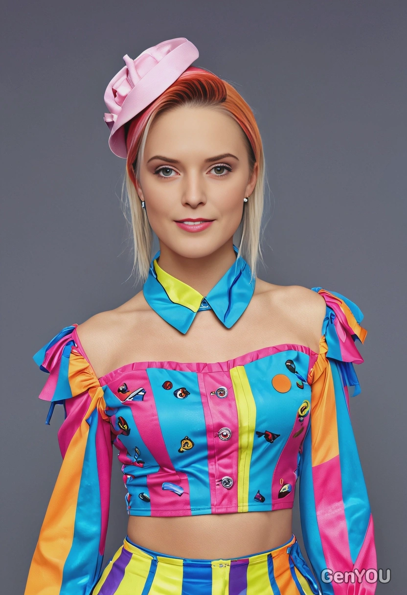 dressed in a quirky, colorful outfit with bold makeup, standing in a playful K-pop music video set 