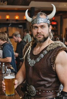 dressed and equipped as a Viking at a Halloween party, standing by the bar with a glass of beer, people in random costumes around, blurred background, eyes on you
