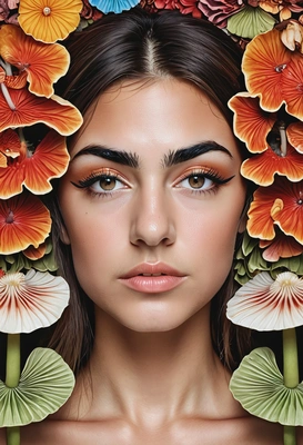 wearing artsy makeup inspired by mushrooms, professional magazine photoshoot, symmetrical details