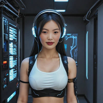 A cyberpunk girl with a glowing headset, in a futuristic apartment