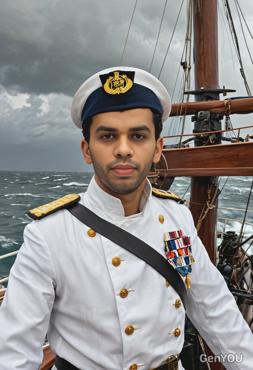 wearing a 19th-century naval officer’s uniform, standing at the helm of a large ship, with stormy seas crashing around the deck