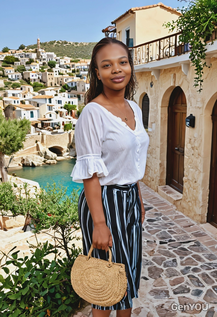 in a chic summer outfit exploring a Mediterranean village