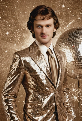 in a 1970s disco suit, a sparkling disco ball, sepia color vintage effect