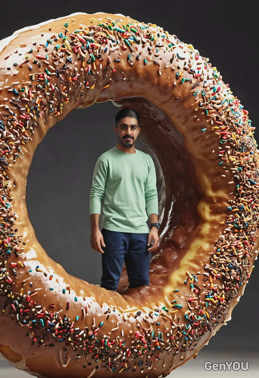 standing inside a giant donut, blurred background, cinematographic style