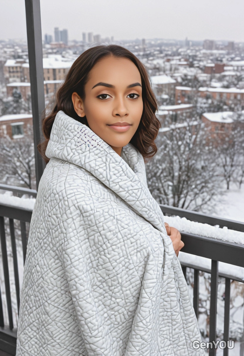 on a balcony, wrapped in a thick quilt, a snowy cityscape, soft focus background 