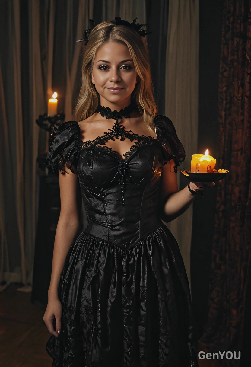 in a spooky dress at a Halloween party, dim candle lighting, Halloween aesthetics, high-quality shot, soft shadows