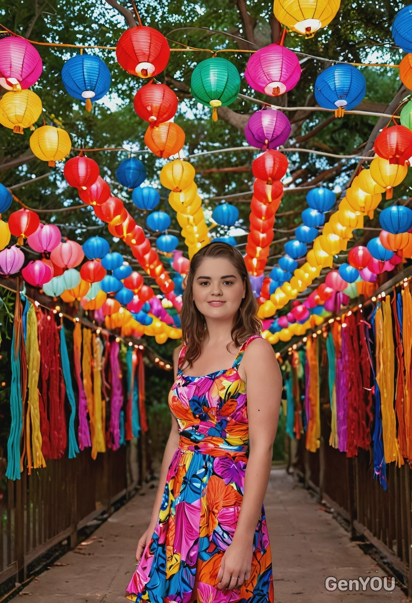 under a canopy of colorful lanterns, wearing a vibrant party dress