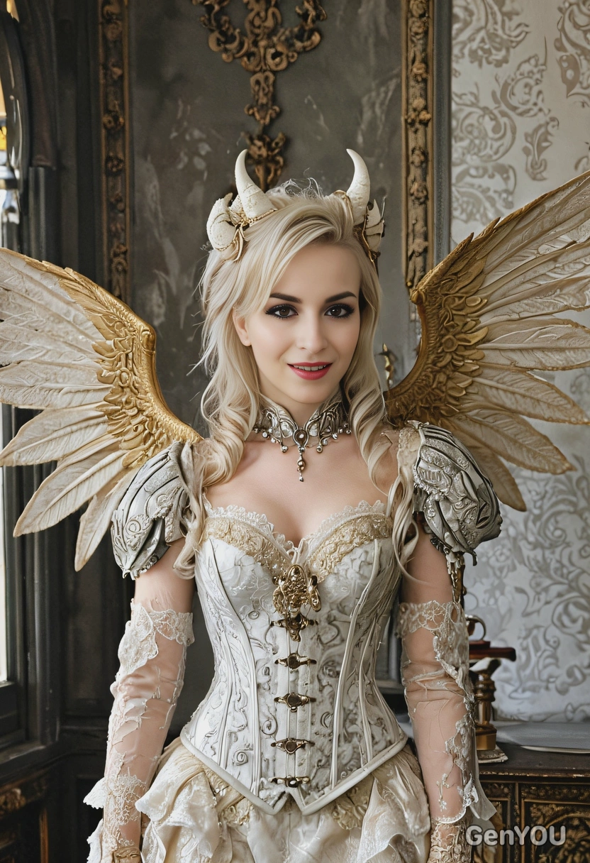 I am a demon, I have horns on my head, wings on my back, and I am standing in a gothic room. I am wearing a beige fantasy outfit made of lace with golden shoulder pads and a corset decorated with silver patterns and ornaments. My hair is very light and curled into small curls.