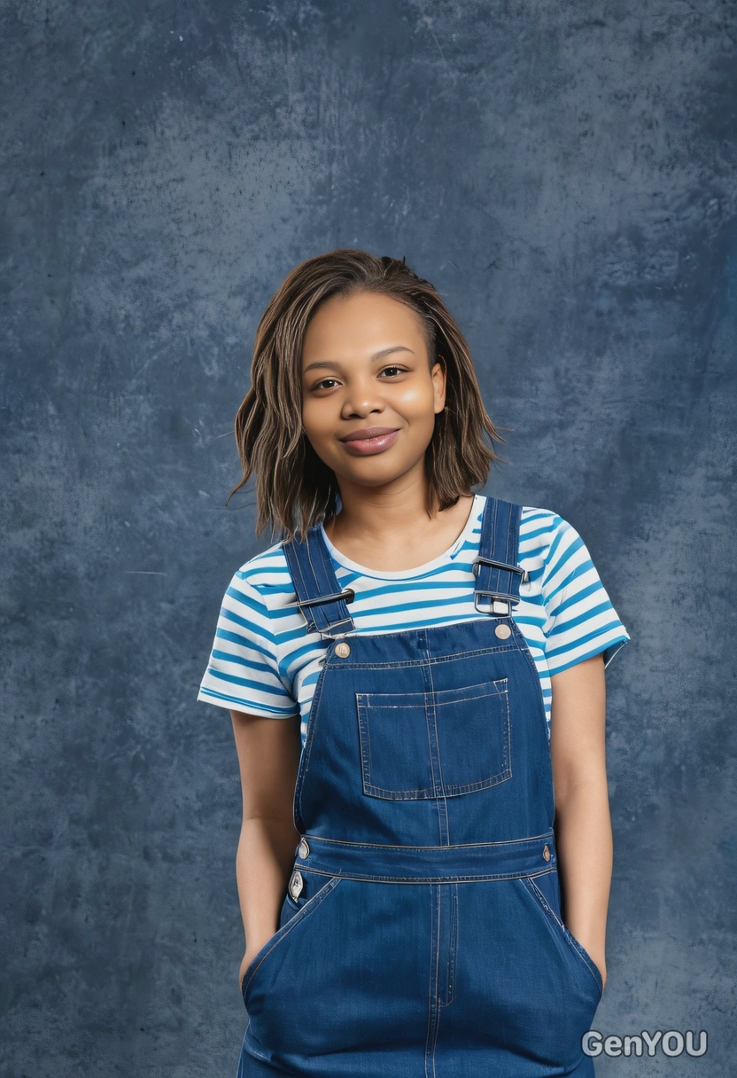 student with a layered haircut, in a denim overall dress, with a playful attitude, blue yearbook background, medium-shot 