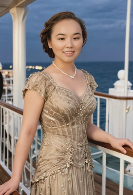 as Rose DeWitt Bukater from Titanic, smiling, in a 1910s evening gown, standing on the deck 