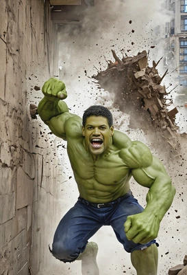 Hulk smashing through a wall with a roar, dust and debris flying around