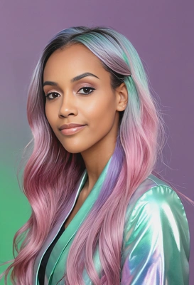 long, sleek hair dyed in holographic pastel shades of pink, green, and purple, with a futuristic metallic background
